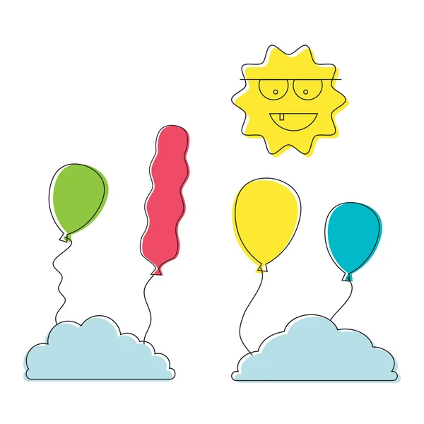 Mince ligne dessin animé ballon coloré soleil et nuage joyeux anniversaire gabarit icônes, parc de loisirs article, festival, vecteur jouet — Image vectorielle