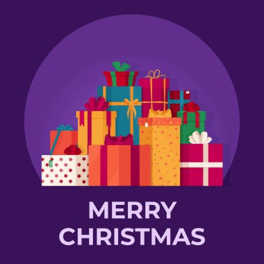 Mor arkaplandaki hediyelerin vektör çizimi. Güzel Noel kutularıyla çizim yapmak. Mutlu Noeller..