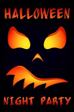 Cadılar Bayramı için korkunç kabaklı vektör illüstrasyon pankartı! Karanlık bir arkaplanda metin ve şenlikli korkutucu gece öğeleri olan bir poster.