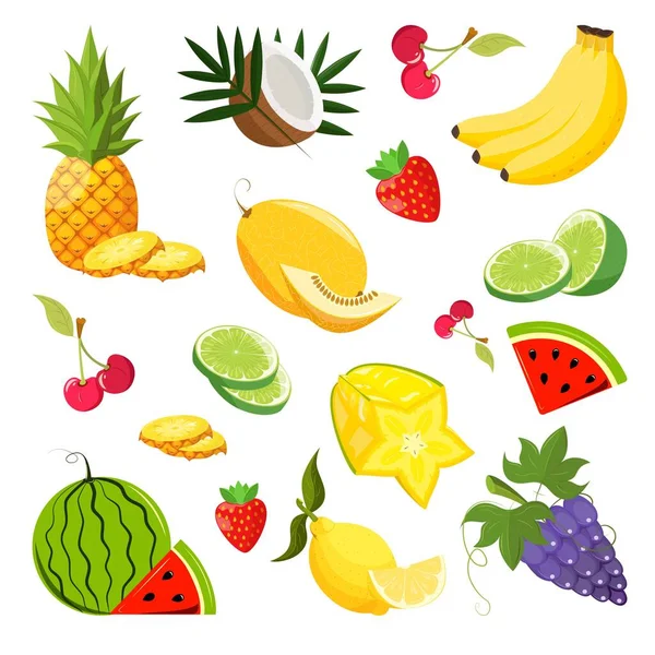 Εικονογράφηση Διάνυσμα Μιας Σειράς Καλοκαιρινών Φρούτων Μπανάνες Καρπούζι Φράουλες Σταφύλια — Διανυσματικό Αρχείο