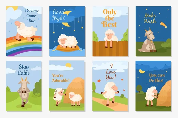 Set Simpatiche Cartoline Divertenti Con Pecore Montoni Capre Illustrazione Vettoriale — Vettoriale Stock