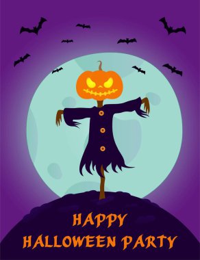 Korkuluklu Cadılar Bayramı için vektör illüstrasyonu. Karanlık bir gecede ayın arka planında bir poster. Pelerinli bir sopayla korkunç bir yüz.