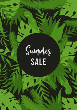 Tropikal yapraklı bir poster. İndirimli bir yaz afişinin vektör illüstrasyonu.