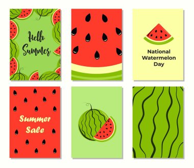 Ulusal Karpuz Günü. Yaz meyveleri ve tasarım elementleri içeren bir dizi vektör posteri.