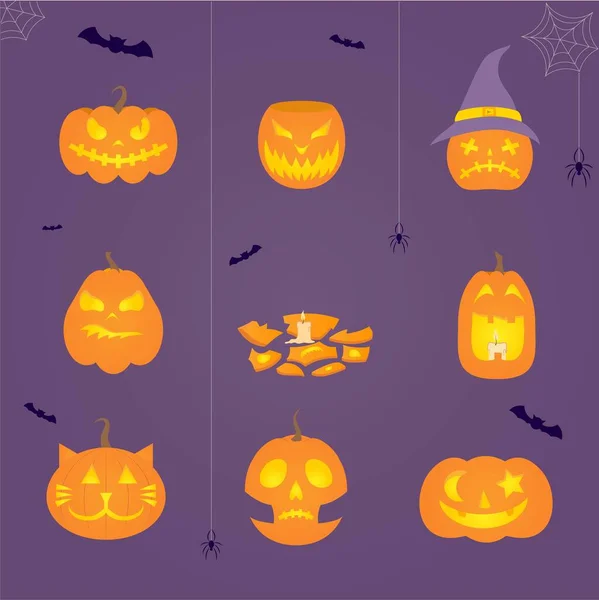 Ilustração Vetorial Para Halloween Com Abóboras Conjunto Caras Assustadoras Objetos — Vetor de Stock