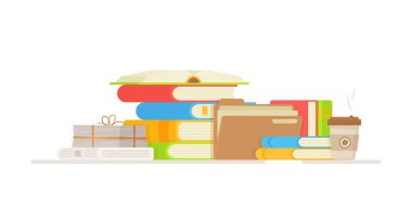 Reading books in the library. Vector illustration of a student preparing for exams. Set of book icons in flat style design. Study. clipart