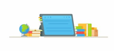 Masanın üzerinde bir okul tableti var. Öğrenmenin vektör illüstrasyonu. Kırtasiye malzemeleri ve diğer şeyler için alışveriş.. 