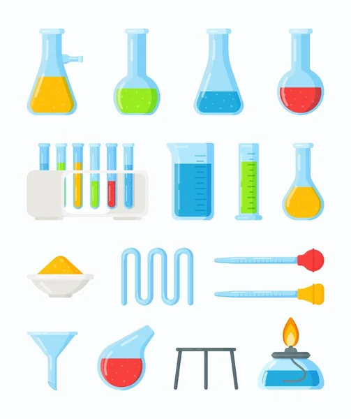 Πολλοί Διαφορετικοί Δοκιμαστικοί Σωλήνες Και Φιάλες Εικονογράφηση Διανυσματικού Μαθήματος Χημείας — Διανυσματικό Αρχείο