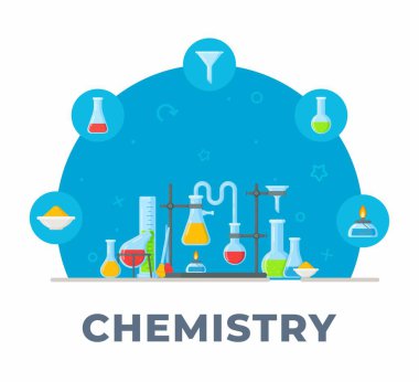 Kimya ve Kimya Enstrümanları. Formüllerin vektör illüstrasyonu. Kimya stili. Şişe ve test tüplerinin karışımı..