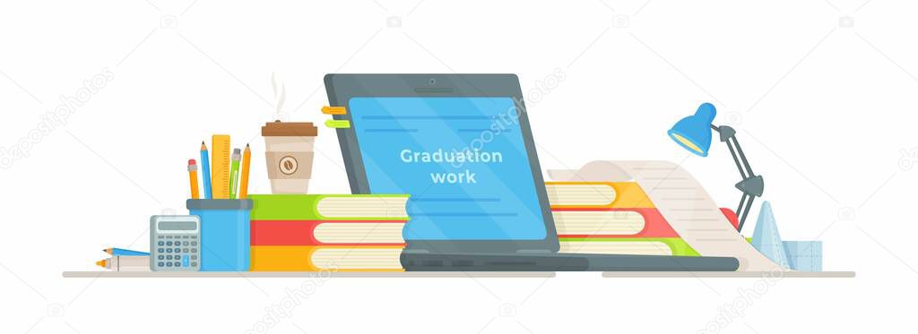 Thesis. Vector illustration of online exam preparation. Test taking. Admission to university.