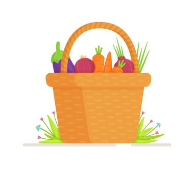 Bahçeden bir sepet sebze. Hasat toplantısının vektör çizimi. Yeni sebze ekiyorum.. 