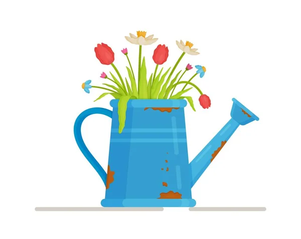Векторная Иллюстрация Весенних Цветов Банке Полива Сорвать Цветок Саду Поле — стоковый вектор
