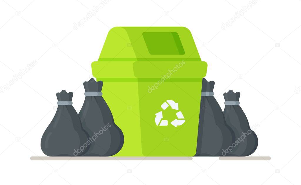 Dumpster with trash bags. Vector illustration of preparing garbage for removal. Ordering services for cleaning up after humanity. 