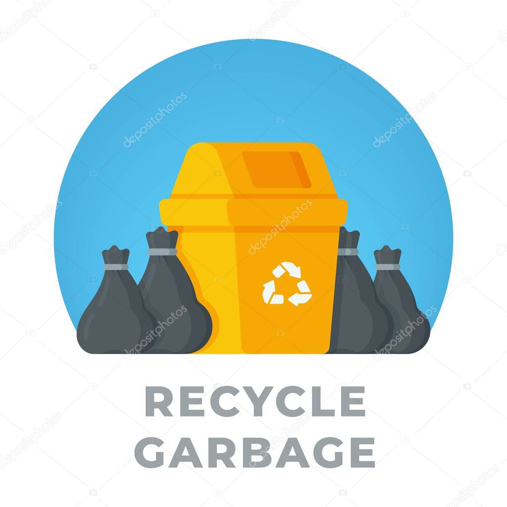 Garbage can on a blue background. Vector illustration of trash bags near a yellow trash can. Cleaning the house collecting old stuff for the landfill. Ordering trash removal services.