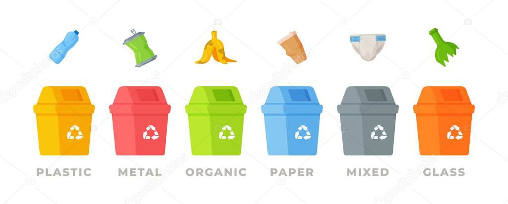 Trash in trash cans with sorted trash vector icons. Recycling garbage separation collection and recycling are isolated on a white background. Organic, paper, metal, plastic and mixed garbage.