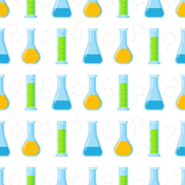 Bir sürü test tüpü ve matara. Çeşitli mataralar ve diğer tıbbi gereçlerle kusursuz bir desenin vektör çizimi. Bir deney yürütüyorum..