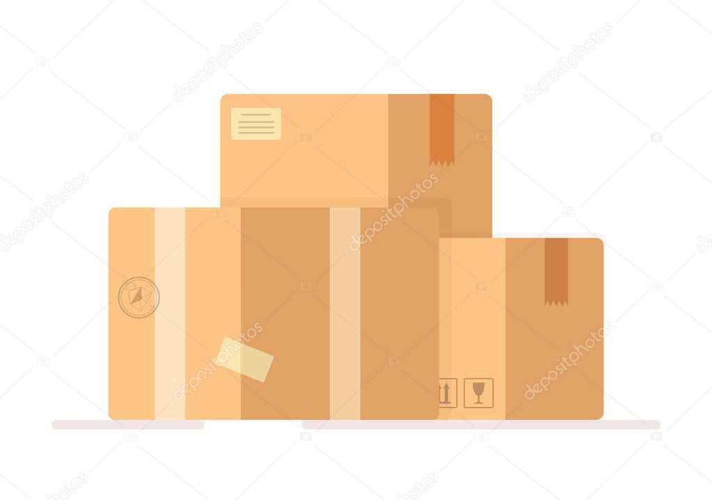 Vector illustration of insulated boxes banner on white background. Pile of stacked sealed goods cardboard boxes. Flat style warehouse cardboard parcel boxes stack front view.