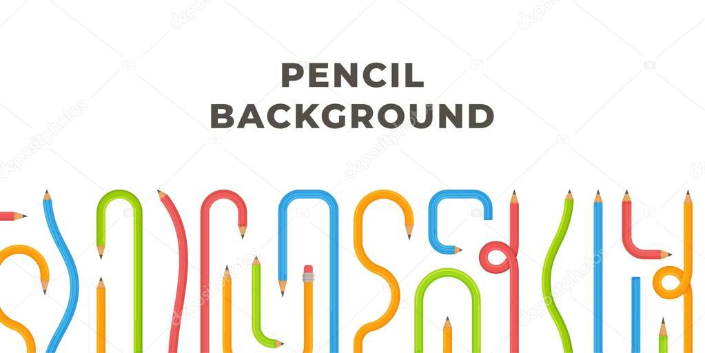 Vector illustration of a bent pencil banner. Vector illustration of curved pencil. Many arrows of different curvatures are scattered. Set of curved multicolored pencils.