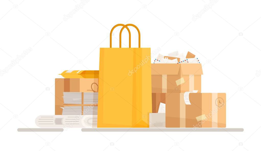 Vector illustration of a pile of boxes with documents, papers and checks. Collection of unnecessary trash for removal. Cleaning an office or school office.