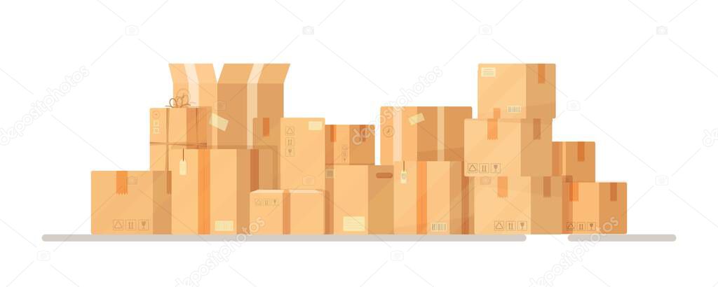 Vector illustration of a warehouse of boxes. A pile of stacked sealed goods cardboard boxes. Sending parcels by mail from the Internet. Online services.