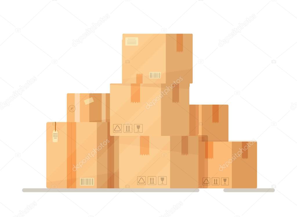 Vector illustration of isolated boxes. Sealed parcels being prepared for shipment. Lots of parcels from online stores.