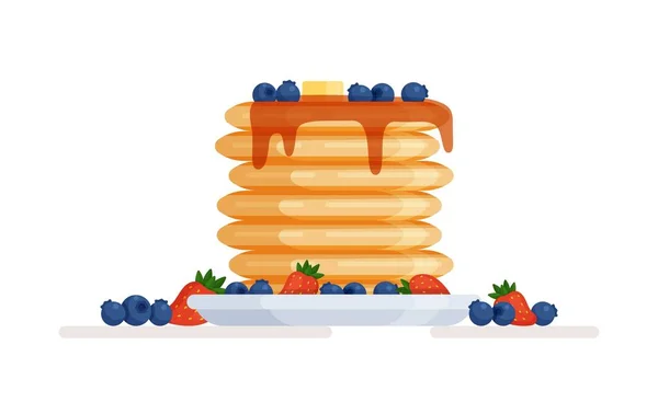 Vector Illustration Plate Pancakes Watered Honey Berries Isolated Buttery Drawing — Stock Vector