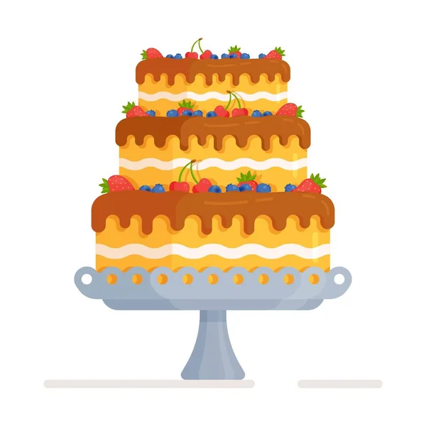 Wektorowa Ilustracja Dużego Trzypiętrowego Tortu Urodzinowego Ciasto Zamówienie Świętowanie Urodzin — Wektor stockowy