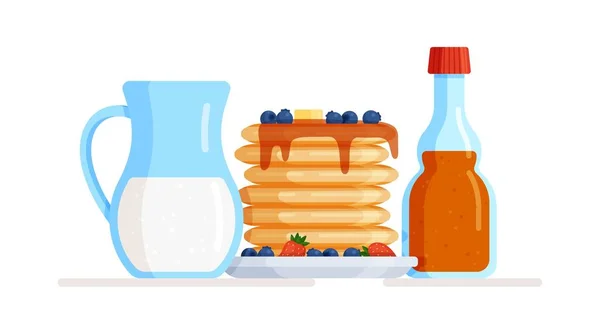 Makanan Rendah Lemak Ilustrasi Vektor Pancake Dengan Sirup Beri Dan - Stok Vektor