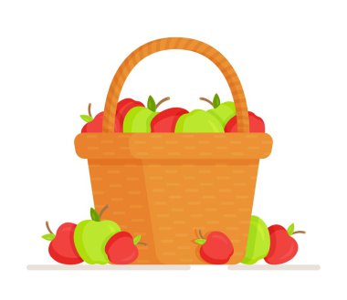 Beyaz arka planda izole edilmiş elma sepetinin vektör çizimi. Parlak karikatür meyve sepeti ikonu. Sulu elma ağacı meyvesi, yemekle tüketilir. Ev bahçesinden taze, sulu, tatlı elmalar.. 