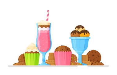 Çilekli milkshake 'in vektör çizimi, çikolatalı dondurma ve serpiştirme, kurabiye ve kek. Parlak çizgi film tarzında dondurma. Kamışla bardakta nefis bir milkshake. Ev yapımı taze kurabiyeler ve kekler.. 