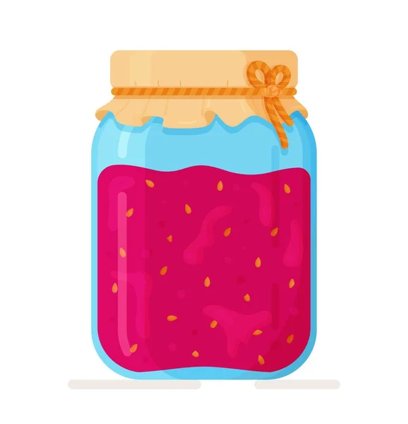 在白色背景上 有向量分离的树莓果酱瓶 传统的甜点 小的多汁或肉质的水果 奶奶做的自制保鲜品罐子 孤立的 覆盆子 — 图库矢量图片