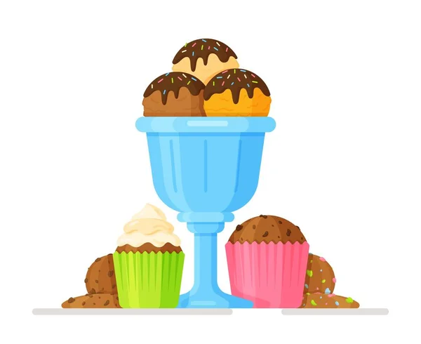 Illustrazione Vettoriale Concetto Dolce Costituito Gelato Bicchiere Blu Cupcake Biscotti — Vettoriale Stock