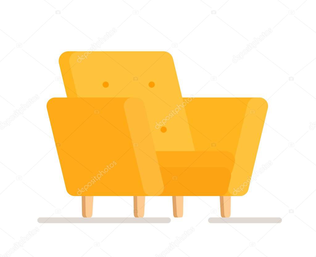 Vector illustration of an isolated yellow chair on a white background. Bright yellow chair in cartoon style. Modern comfortable chair for interior furniture. Isolated, furniture, interior. 