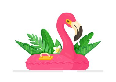 Beyaz arka planda izole edilmiş şişirilebilir flamingonun vektör çizimi. Tropik Flamingo. Flamingo şeklinde yüzer. Pembe flamingo şişirilebilir şamandıra. Arkaplanda yeşil tropikal yapraklar.