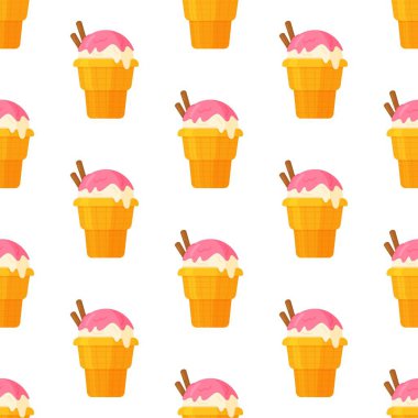 Beyaz arka planda leziz bir dondurma kalıbının vektör çizimi. Tarçınlı ve çilekli dondurma külahı. Dondurma baskısı, parkta yürüyüş..