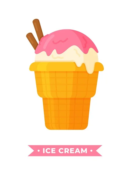 草莓和肉桂冰淇淋在白色背景上被分离出来的病媒图解 五颜六色的甜肉桂冰淇淋球 装在华夫饼杯里 加果酱 用题词隔开 — 图库矢量图片