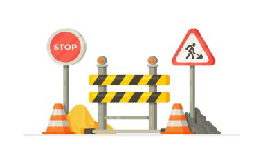 İnşaatın vektör çizimi. Farklı inşaat işleri ve yol onarımı için aletler. İnşaat işaretleri koleksiyonu. 