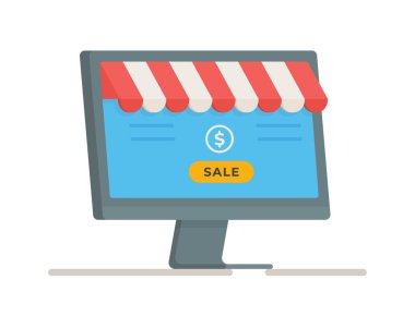 Beyaz arkaplanda izole edilmiş bilgisayarın vektör illüstrasyonu. Çevrimiçi mağazadan paket teslimatı ve nakit ödeme. 