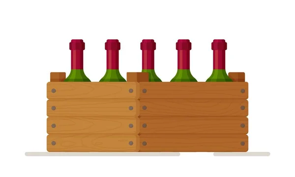 Illustrazione Vettoriale Una Scatola Legno Con Bottiglie Vino Vino Rosso — Vettoriale Stock