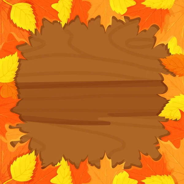 鲜红的叶子 背景为褐色木板 有红色 棕色和黄色秋天叶子的矢量背景 — 图库矢量图片