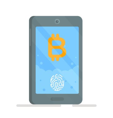 Akıllı telefondan bitcoin almak. Kripto para yatırımı kavramı. Telefonda bitcoin simgesinin vektör illüstrasyonu.