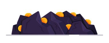 Beyaz arka planda izole edilmiş kaya madeninin vektör çizimi. Bozuk paralarla dolu kocaman bir dağ. Madende çalış. Madenci. Pahalı değerli taşlar bulmak.