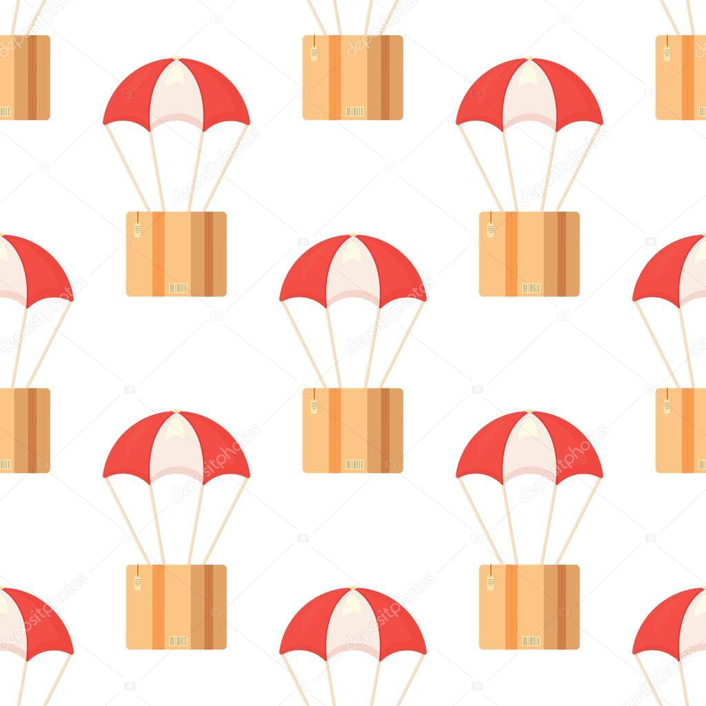 Seamless pattern with postal parcels in boxes with delivery address and envelopes. Vector illustration of parachute box print. Bright red and white parachutes.