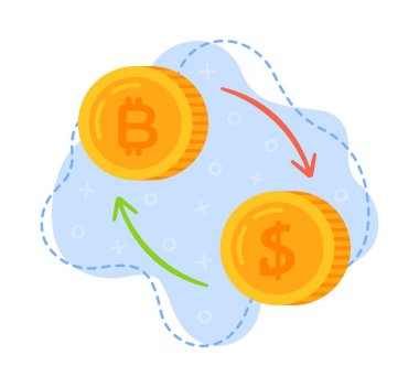 Döviz kurunun vektör çizimi. Para birimi çevirisi. Bitcoin 'den dolara para transferi kavramı. Beyaz arkaplanda mavi leke. 