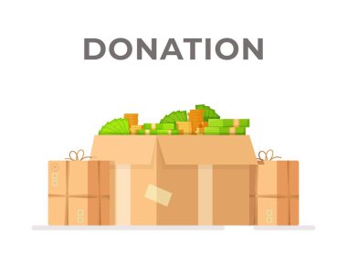 A box full of money. Vector illustration of a pile of gift boxes full of money. A donation to an orphanage, an animal shelter, or a sick person.  clipart