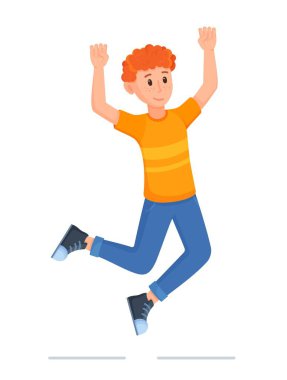 Sevinçten zıplayıp kollarını sallayan bir karakterin vektör çizimi. Genç bir adam yumruklarını zafer hissiyle sıkar. Bir adamın aktif duruşu.