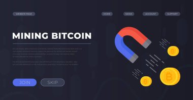 Madencilik sunumunun vektör çizimi. Bozuk para çeken mıknatıs flaması. Bitcoin, küçük, siyah