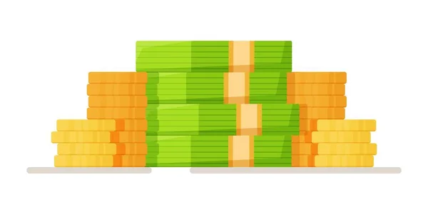 マネースタックのベクトルイラスト スタックされたお金 緑のドル紙幣と金のコイン お金の金融の成功 円札の山 — ストックベクタ