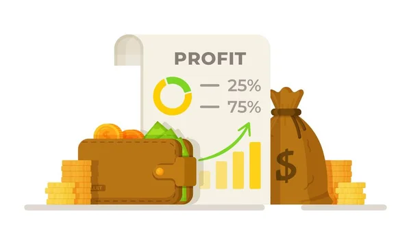 成功図のベクトル図 お金でいっぱいの財布 コインのスタックと利益統計の美しいデザイン 収入記録だ 投資だ — ストックベクタ