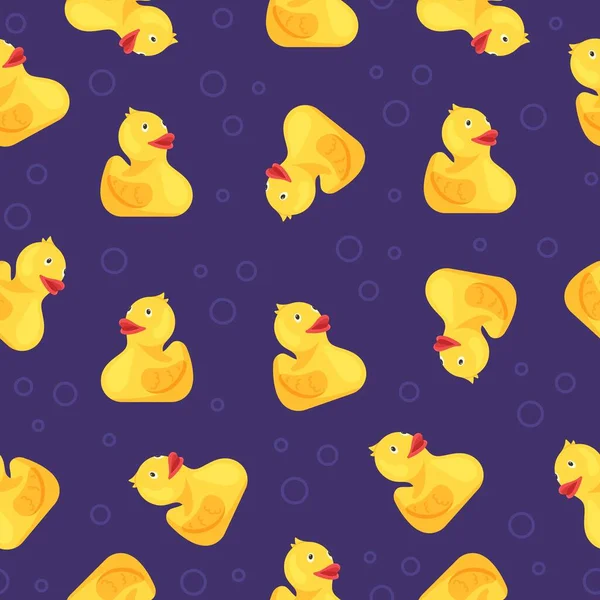 病媒说明婴儿洗澡鸭的模式 用蓝色背景的黄色橡胶鸭制作精美无缝图案 永无休止的设计 — 图库矢量图片